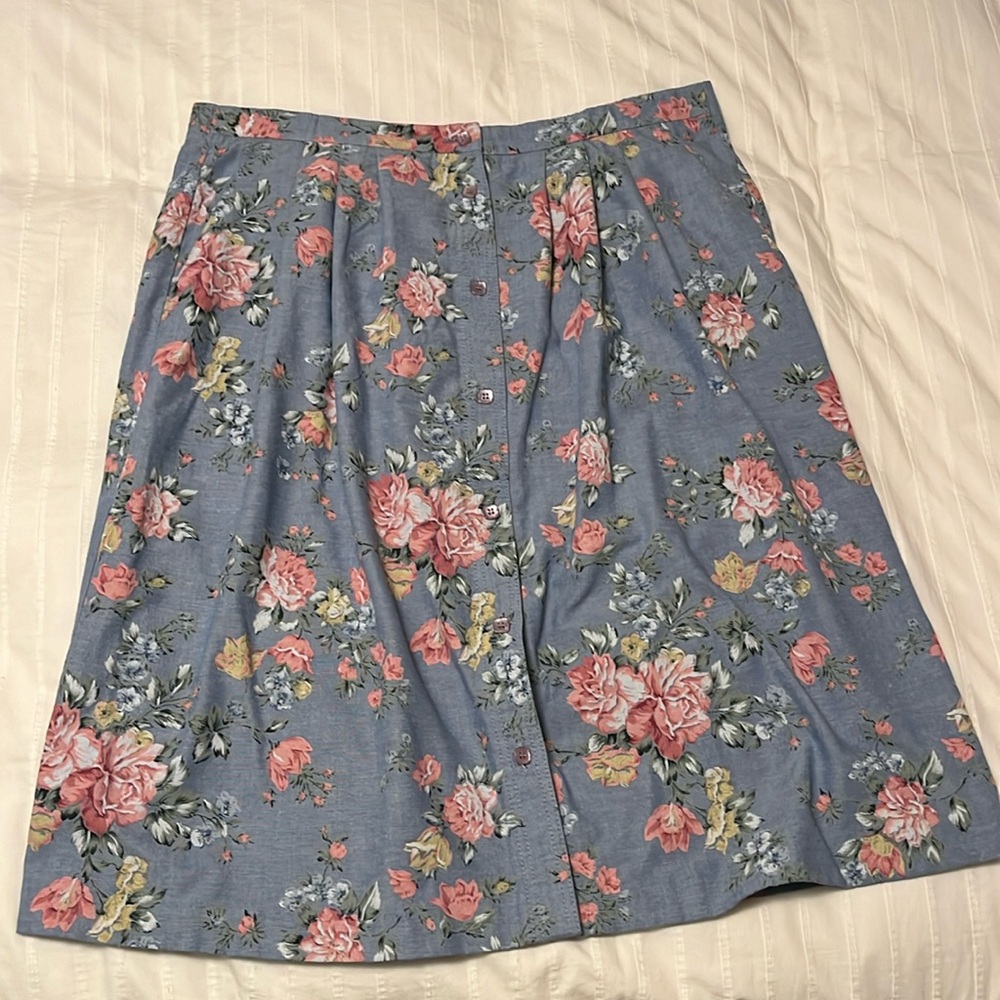 Floral Midi Skirt in Dusty Blue with Pink Roses